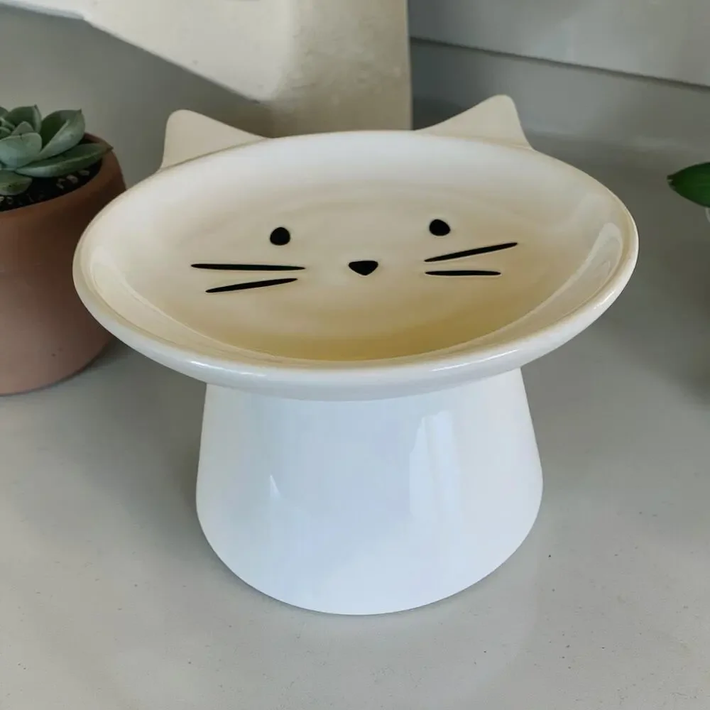 NEW Whisker Friendly Pretty White Cat Elevated Raised Cats Food Bowl Dish